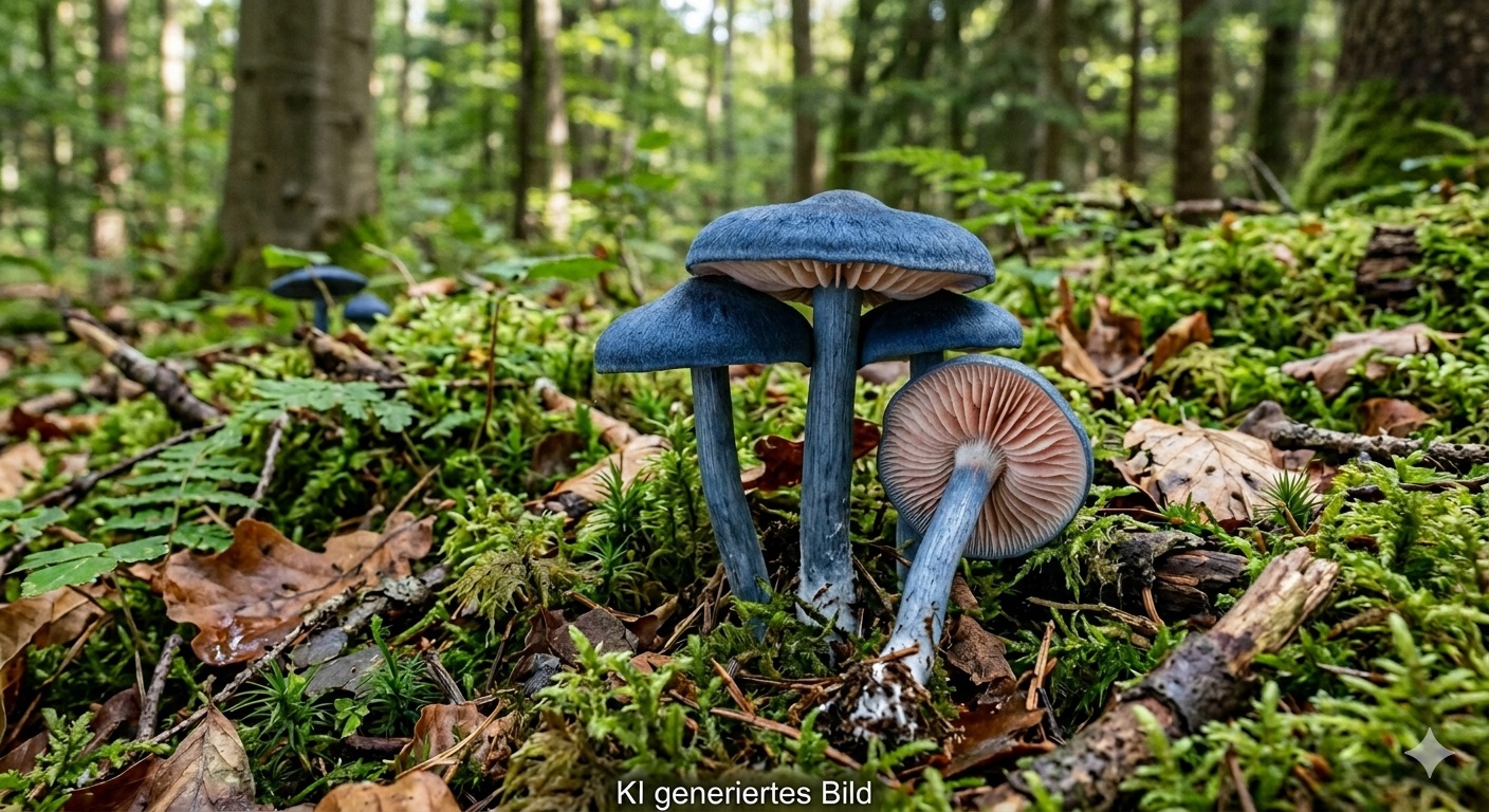 Stahlblauer Rötling - Bild exemplarisch, KI generiert. Markant ist die stahlblaue Färbung von Hut und Stiel in Kombination mit deutlich helleren Lamellen die im Alter auch vom Sporenpulver rosa gefärbt sein können. 